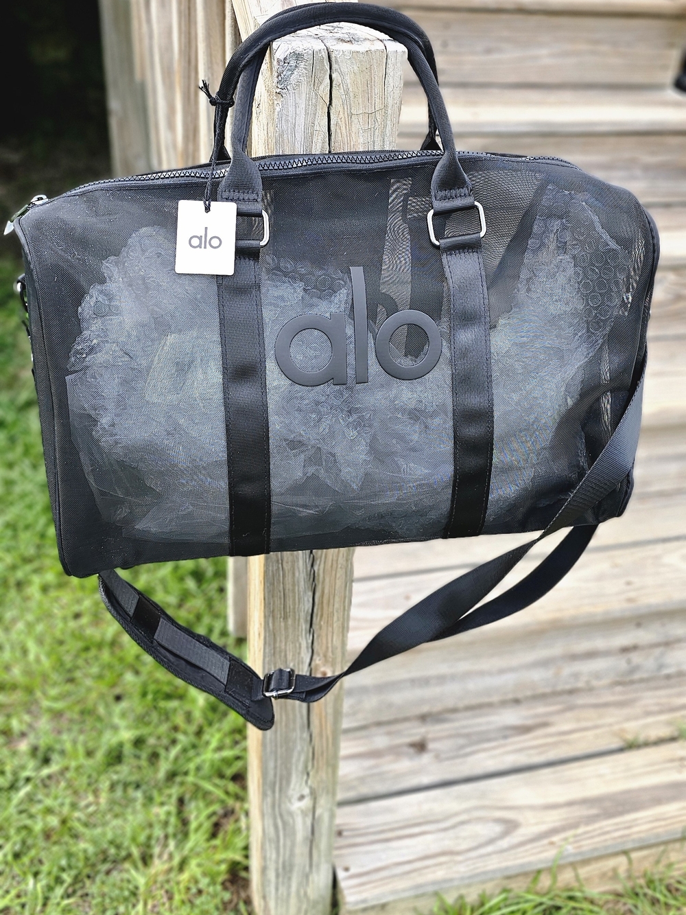 ALO Black Mesh Weekender with Detachable Strap